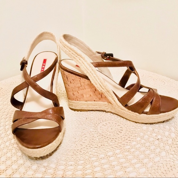 Prada Strappy Platform Cork Wedges Espadrilles Wrap Sandals Size 9 - Picture 2 of 10